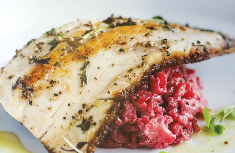SEARED FILLET OF BASS ON A BED OF BEETROOT AND CAULIFLOWER RISOTTO (photo credit: MARC ISRAEL SELLEM)