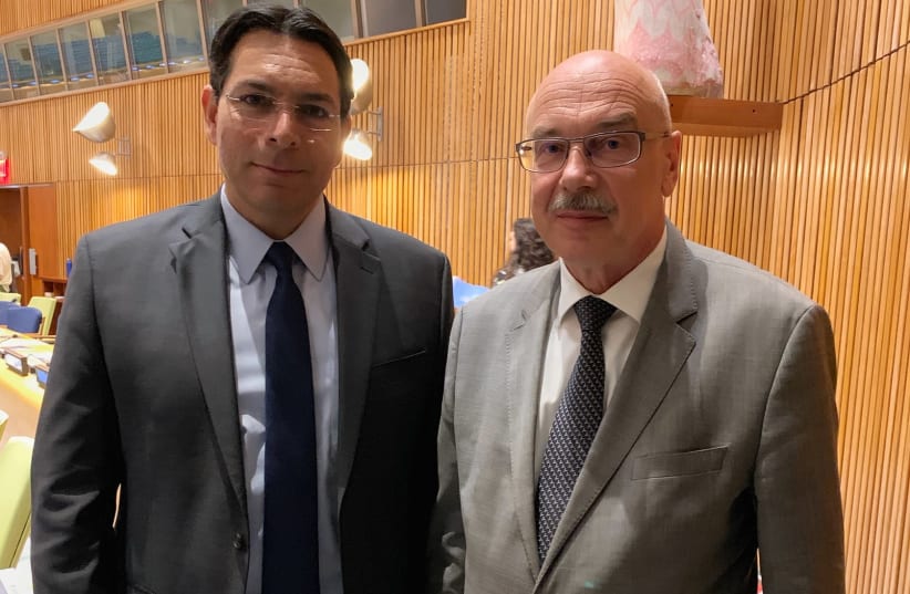 Israel's ambassador to the United Nations Danny Danon [L] and UN Deputy Secretary General for Counter Terrorism Vladimir Voronkov [R]    (photo credit: ISRAEL MISSION TO THE UN)