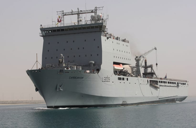 British warship arrives at Hamad port ahead of Doha International Maritime Defence Exhibition and Conference, in Doha (photo credit: NASEEM ZEITOON/REUTERS)