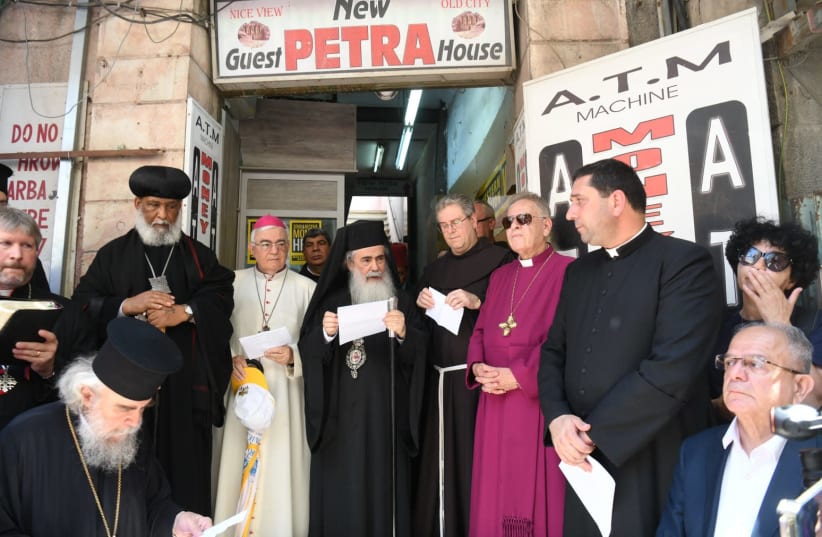 Greek Patriarch Theophilus III delivers a speech and prayer to reclaim leased property sold to Jews (photo credit: YOSSI ZELINGER)