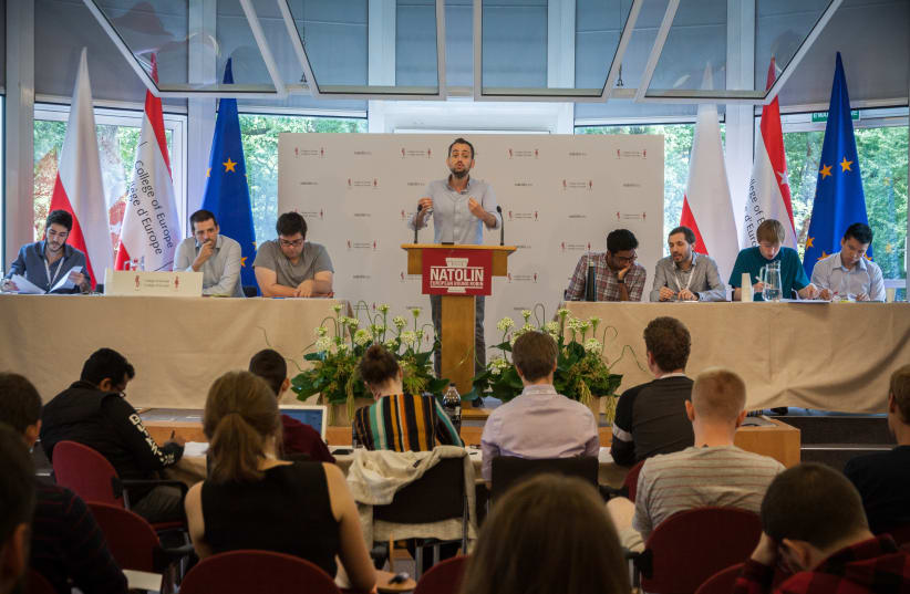 Noam Dahan debates during the exclusive European Round Robin international debating competition, 2019. (photo credit: ANTONINA DĘBSKA)