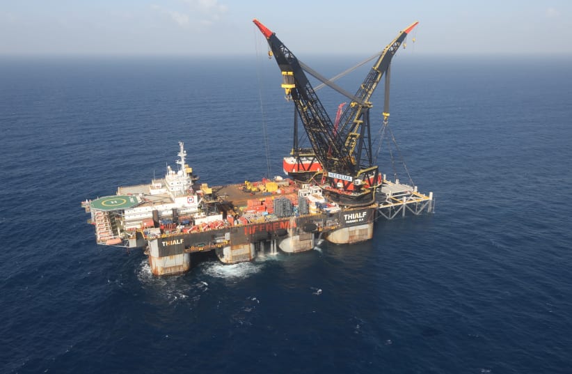 An aerial view shows the newly arrived foundation platform of Leviathan natural gas field, in the Mediterranean Sea, off the coast of Haifa (photo credit: MARC ISRAEL SELLEM)