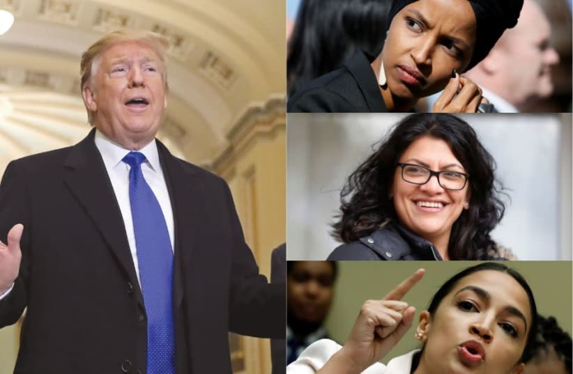 US President Donald Trump (left), called Alexandria Ocasio-Cortez (bottom right) and 'her crowd,' Rashida Tlaib (middle) and Ilhan Omar (top) Communists, Israel haters and antisemites (photo credit: REUTERS)