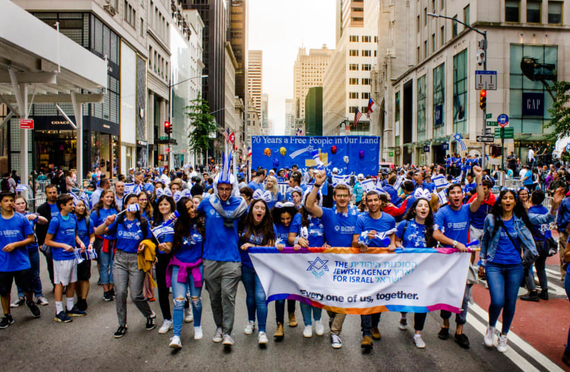 Jewish Agency Shlichim participating in the Israel Day Parade in New York in 2018 (photo credit: RAPHAEL RICE)