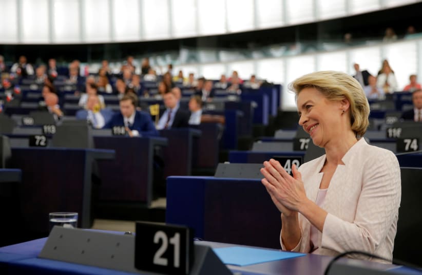 Elected European Commission President Ursula von der Leyen reacts after a vote on her election at the European Parliament in Strasbourg, France, July 16, 2019. (photo credit: REUTERS/VINCENT KESSLER)