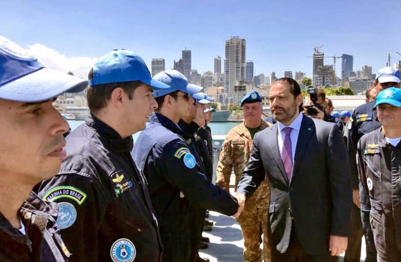 Lebanese Prime Minister Saad Hariri visits the flagship of UNIFIL Maritime Task Force at Beirut Port (photo credit: UNIFIL)