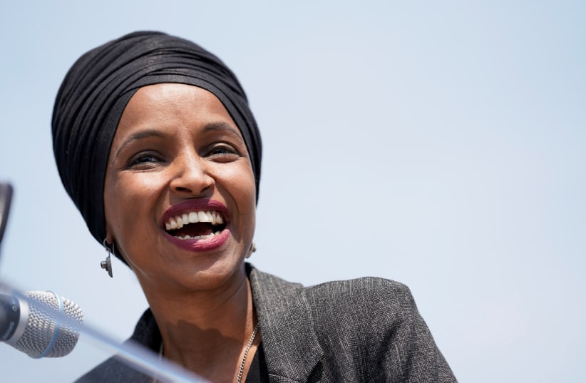 U.S. Rep. Ilhan Omar (D-MN) speaks at a rally calling on Congress to censure President Donald Trump on Capitol Hill in Washington, U.S., April 30, 2019 (photo credit: AARON P. BERNSTEIN/ REUTERS)