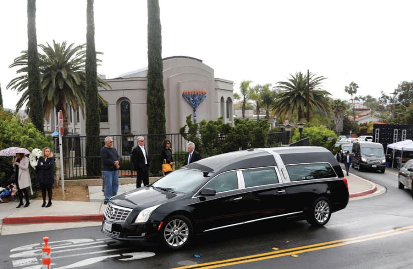 A HEARSE carrying the body of Lori Gilbert- Kaye, the sole fatality of the April 27 synagogue shooting that also left three injured, leaves the Chabad of Poway in San Diego, California, on April 29. Nineteen-yearold white supremacist John T. Earnest shot up the Chabad in a copycat attack inspired by (photo credit: JOHN GASTALDO/REUTERS)