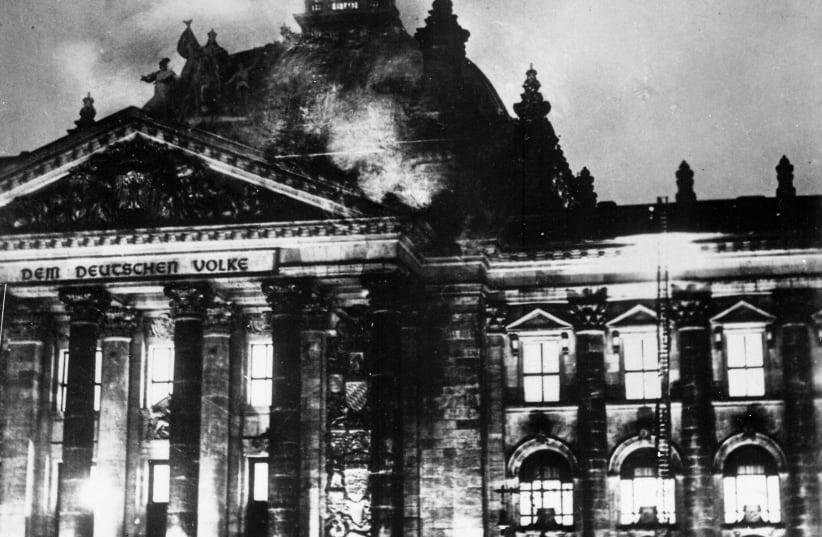 The Reichstag building burns, February 27 1933 (photo credit: Wikimedia Commons)
