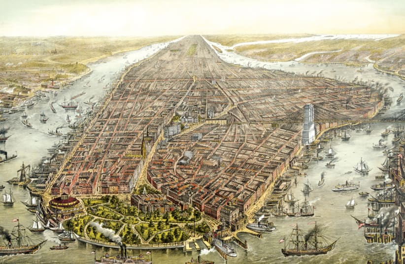 BIRD’S-EYE panoramic view print of Manhattan in 1873, looking north, by George Schlegel. (photo credit: Wikimedia Commons)
