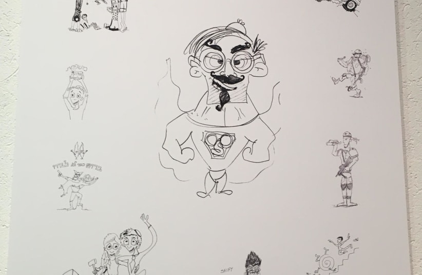 Cartoons and sketches by Hadar Goldin at the “Smile with Hadar” exhibit (photo credit: REBECCA ARATEN)