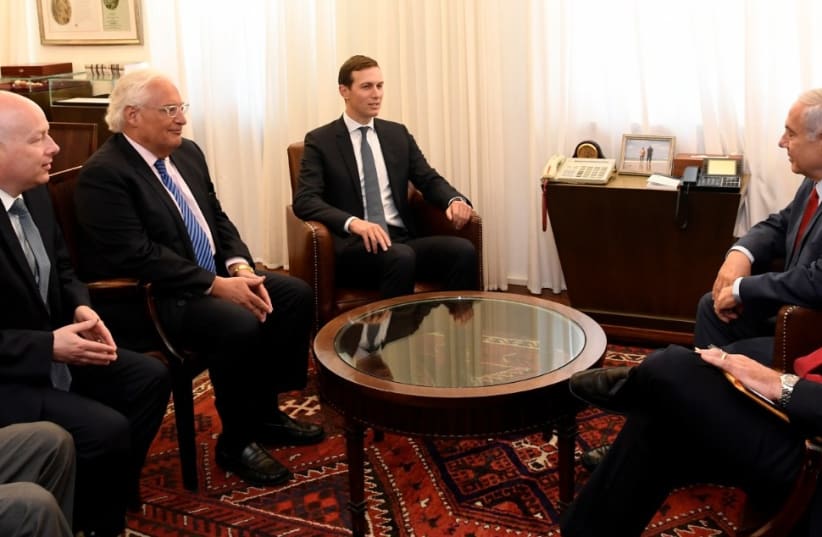 Jared Kushner and Jason Greenblatt meet with Prime Minister Benjamin Netanyahu July 31, 2019. (photo credit: MATTY STERN/US EMBASSY JERUSALEM)