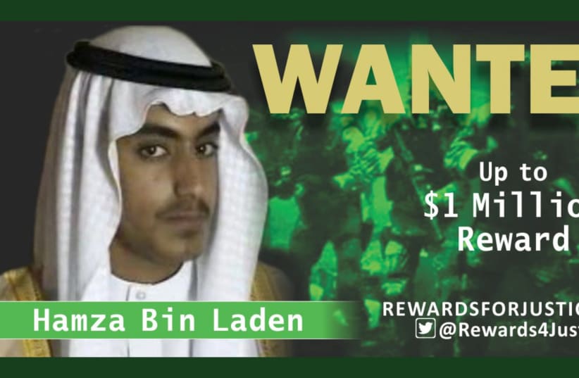 A photograph circulated by the U.S. State Department’s Twitter account to announce a $1 million USD reward for al Qaeda key leader Hamza bin Laden, son of Osama bin Laden, is seen March 1, 2019.  (photo credit: STATE DEPARTMENT/HANDOUT VIA REUTERS)