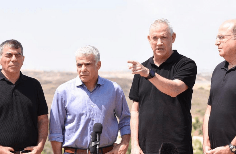 From Left to Right: Blue and White members Gabi Ashkenazi, Yair Lapid, Benny Gantz and Moshe Yaalon, at the Gaza periphery.. (photo credit: ELAD MALKA)