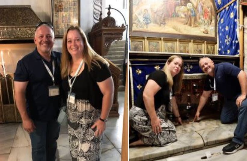 Congressman Denver Riggleman and wife, Christine, at the Church of Nativity (photo credit: SCREENSHOT FROM TWITTER)