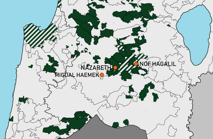 Nof Hagalil (Upper Nazareth), Nazareth and Migdal Ha'emek among Jewish and Arab localities (in green) (photo credit: Wikimedia Commons)