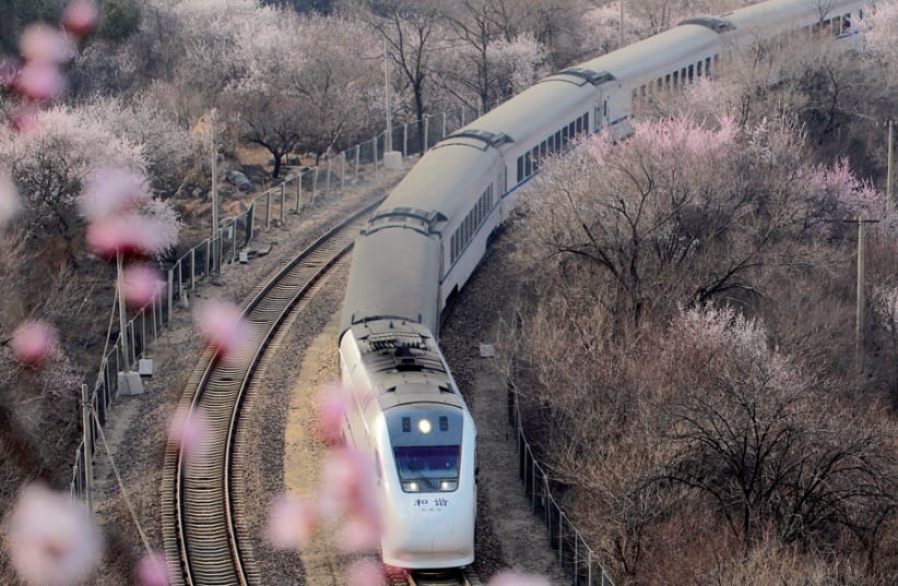 A high-speed bullet train passes through peach blossoms near Juyonguan in Beijing (photo credit: REUTERS)