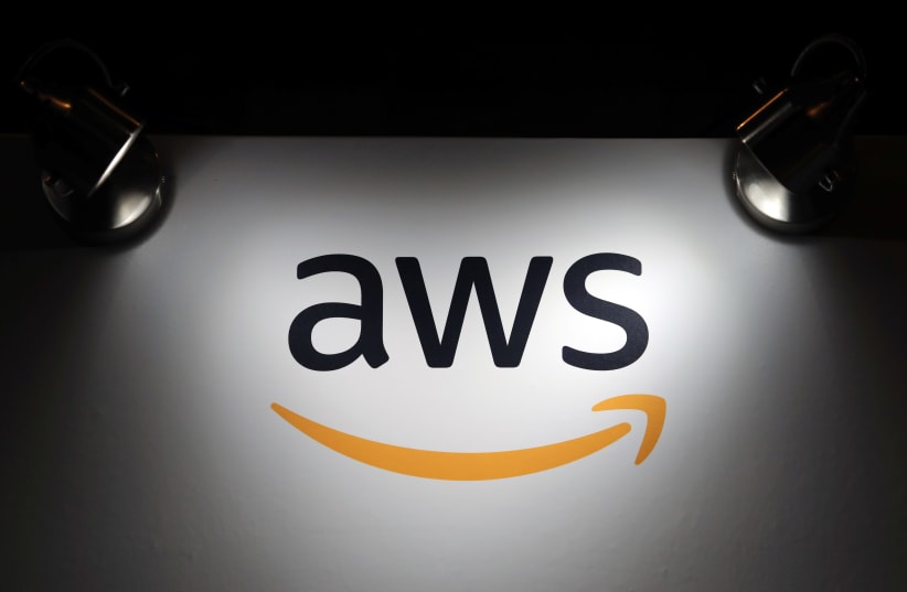 The logo of Amazon Web Services (AWS) is seen during the 4th annual America Digital Latin American Congress of Business and Technology in Santiago (photo credit: IVAN ALVARADO/REUTERS)