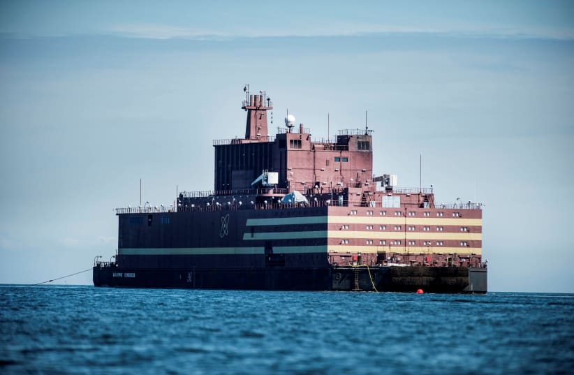 The Russian "Academy Lomonosov", the world's first floating nuclear power plant, passes Langeland island (photo credit: RITZAU SCANPIX/TIM KILDEBORG JENSEN/VIA REUTERS)