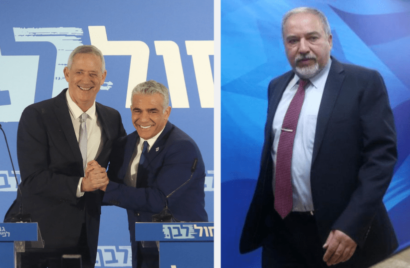 Heads of the Blue and White party, Benny Gantz and Yair Lapid, and Avigdor Liberman, Head of rightist Yisrael Beiteinu party (photo credit: MARC ISRAEL SELLEM/THE JERUSALEM POST)