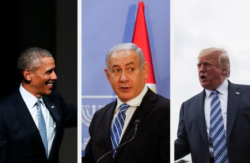 Former US president Barrack Obama, Prime Minister Benjamin Netanyahu, and US President Donald Trump (photo credit: REUTERS)