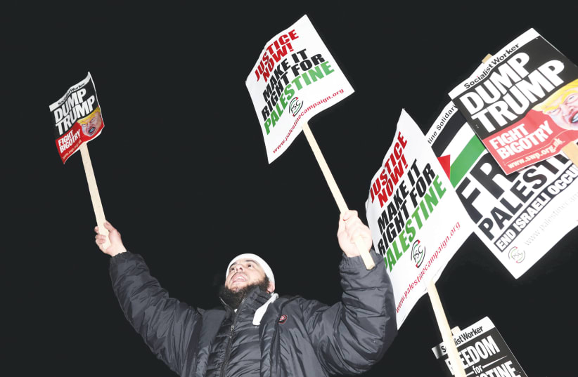 PROTESTERS IN London shout anti-Israel slogans. (photo credit: REUTERS)