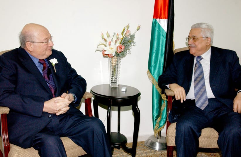 Palestinian President Mahmoud Abbas (R) meets U.S. Rep. Gary Ackerman (D-NY) in the West Bank city of Ramallah (photo credit: REUTERS/OMAR RASHIDI)
