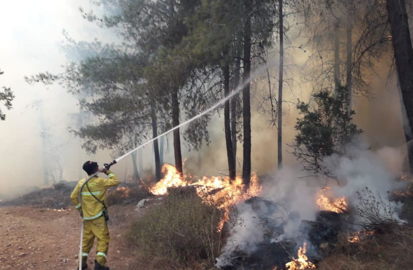 Israeli firefighter helps to extinguish wildfire near Beit Shemesh (photo credit: BEIT SHEMESH FIREFIGHTERS SPOKESPERSON'S OFFICE)