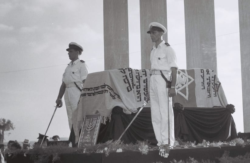 AN HONOR GUARD stands next to Herzl’s coffin on August 16, 1949, the day it was brought to the Land of Israel for burial. (photo credit: Wikimedia Commons)