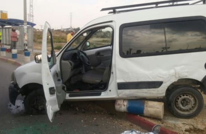 Ramming attack at the Gush Etzion Junction on Oct. 20, 2015, the same day that Avraham Hasno was run over and killed after his car was stoned (photo credit: MAGEN DAVID ADOM)