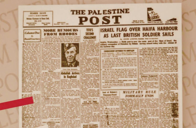 HISTORIC ISSUE of ‘The Palestine Post’ from the current ‘Jerusalem Post’ conference room. (photo credit: MARC ISRAEL SELLEM/THE JERUSALEM POST)