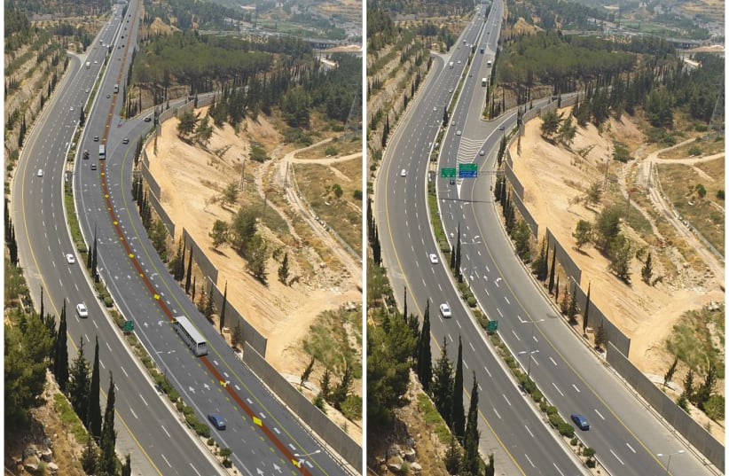 Before and after the construction of a new public transportation lane along Jerusalem's Begin Boulevard (photo credit: JERUSALEM TRANSPORT MASTER TEAM)