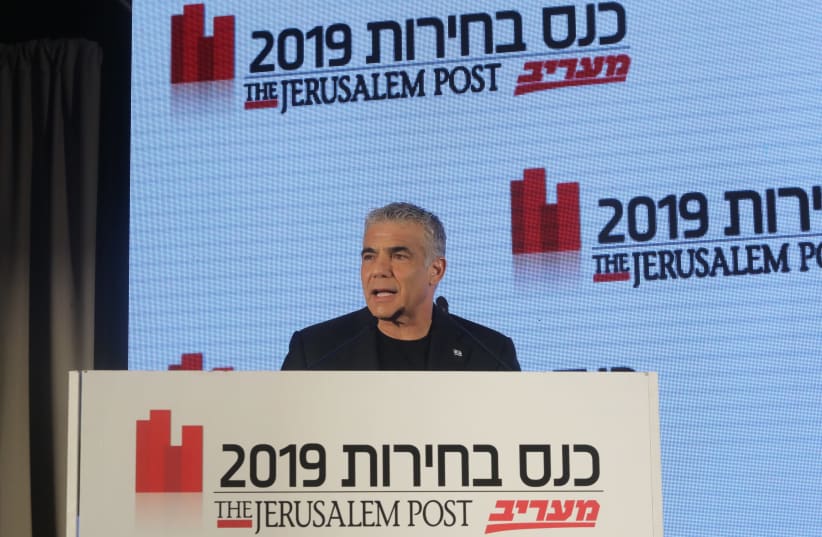 Blue and White co-candidate for prime minister Yair Lapid speaks speaks at the The Jerusalem Post-Ma'ariv Elections Conference, September 11 2019  (photo credit: MARC ISRAEL SELLEM)