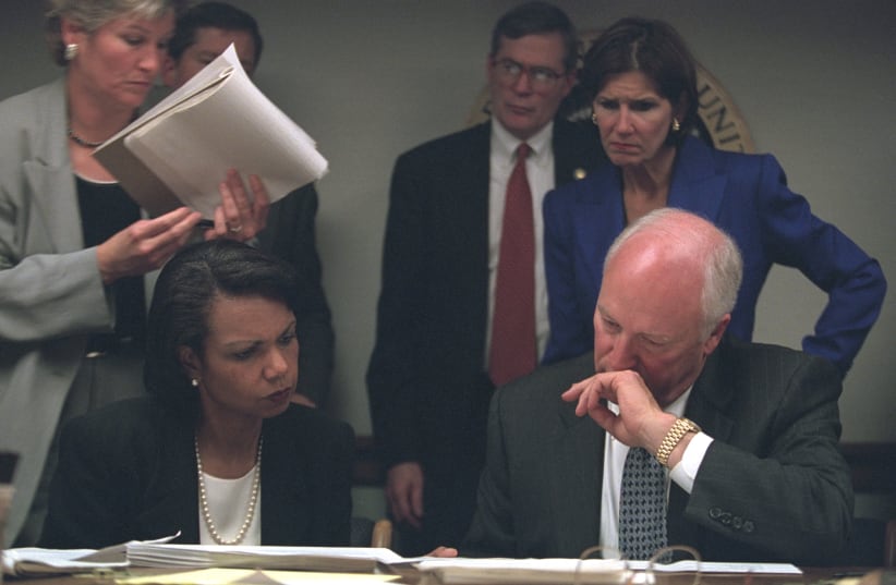 Vice President Cheney with Condoleezza Rice, Karen Hughes and Mary Matalin in the President's Emergency Operations Center on September 11, 2001 (photo credit: US NATIONAL ARCHIVES AND RECORDS ADMINISTRATION/WIKIMEDIA COMMONS)
