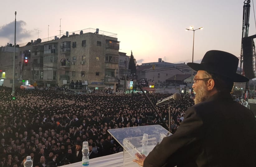 MK Moshe Gafni speaks in an ultra-Orthodox rally (photo credit: Courtesy)