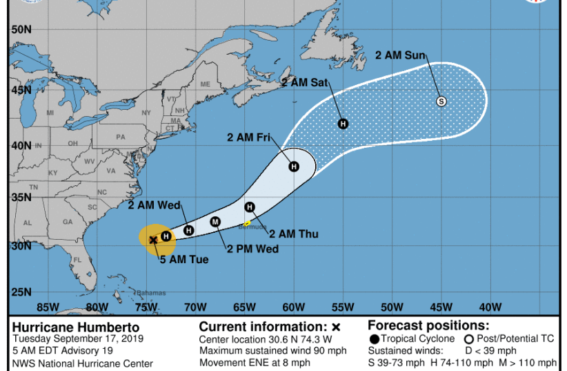 Hurricane Humberto 2017 forecast path (photo credit: NATIONAL HURRICANE CENTER/NATIONAL OCEANIC AND ATMOSPHERIC ADMINISTRATION)