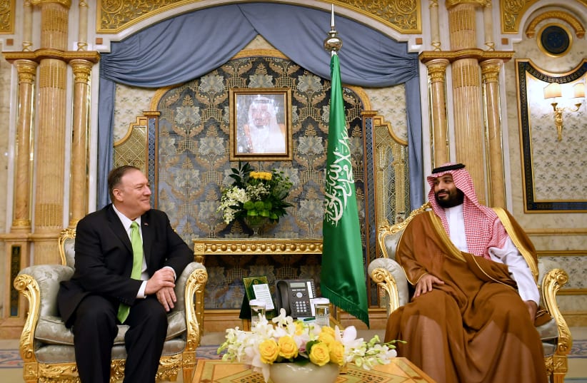 U.S. Secretary of State Mike Pompeo takes part in a meeting with Saudi Arabia's Crown Prince Mohammed bin Salman in Jeddah, Saudi Arabia, September 18, 2019 (photo credit: MANDEL NGAN/POOL/REUTERS)
