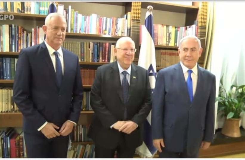 Reuven Rivlin, Benny Gantz and Benjamin Netanyahu meet on September 23, 2019. (photo credit: GPO)
