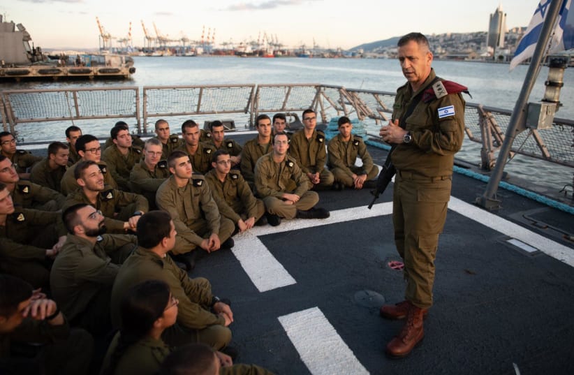 On the right ,IDF Chief of Staff Aviv Kochavi addressing the crew of Sa'ar 5-class corvette INS Lahav as part of the first IDF Chief of Staff inspection of 2019.  (photo credit: IDF SPOKESMAN’S UNIT)