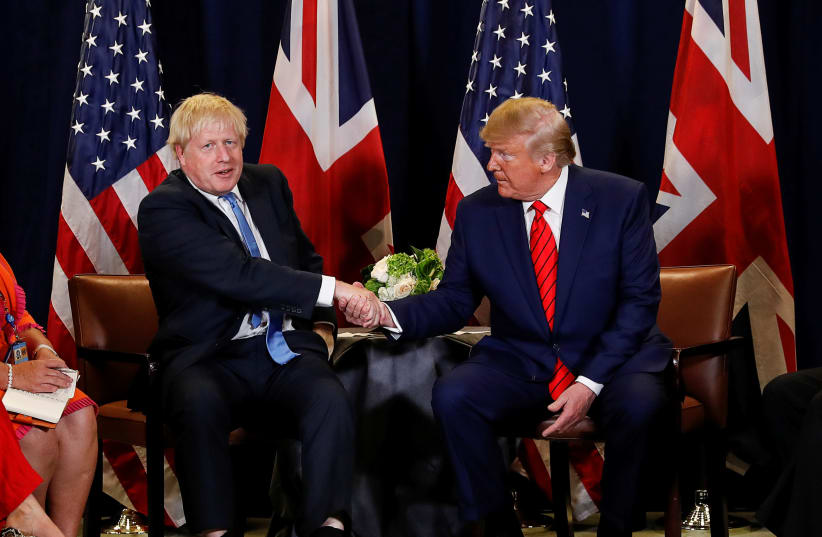 U.S. President Donald Trump holds a bilateral meeting with British Prime Minister Boris Johnson on the sidelines of the annual United Nations General Assembly in New York City, New York, U.S., September 24, 2019 (photo credit: REUTERS/JONATHAN ERNST)