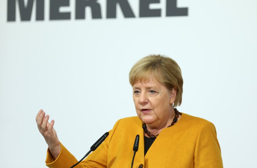erman Chancellor Angela Merkel speaks during her visit of Herrenknecht AG in Schwanau, Germany, October 7, 2019 (photo credit: REUTERS/RALPH ORLOWSKI)