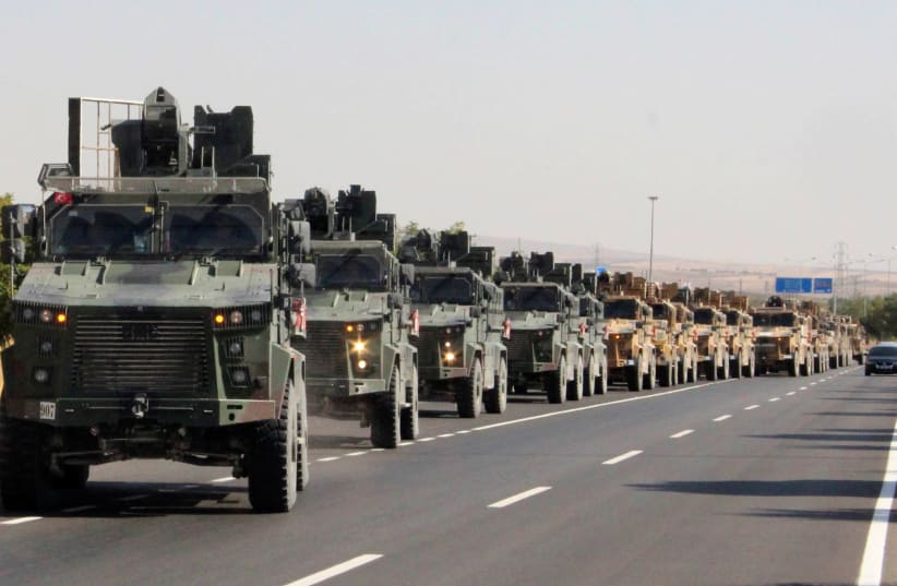 A Turkish miltary convoy is pictured in Kilis near the Turkish-Syrian border, Turkey, October 9, 2019 (photo credit: REUTERS)