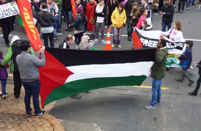 Marchers at an SJP-organized march in support of Gaza in Wellington, New Zealand (photo credit: Wikimedia Commons)