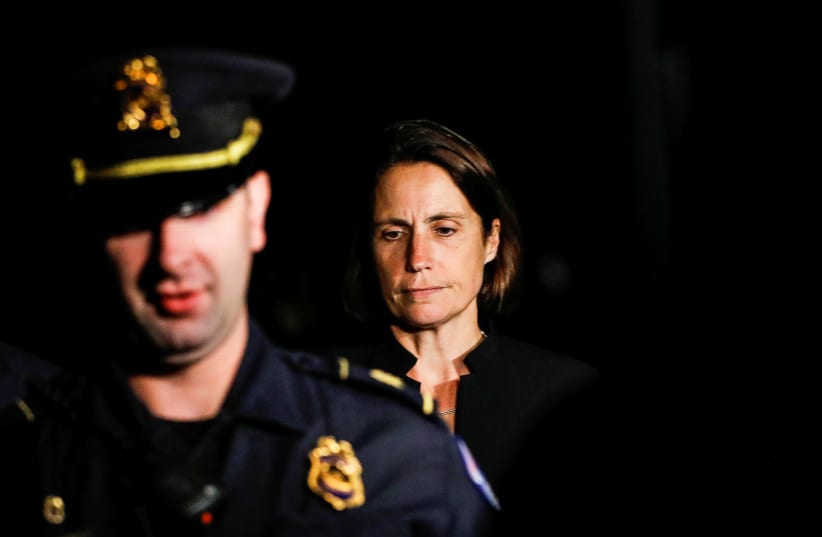 Fiona Hill, former senior director for European and Russian affairs on the National Security Council, departs after testifying in the U.S. House of Representatives impeachment inquiry into U.S. President Trump on Capitol Hill in Washington, U.S., October 14, 2019 (photo credit: REUTERS/CARLOS JASSO)