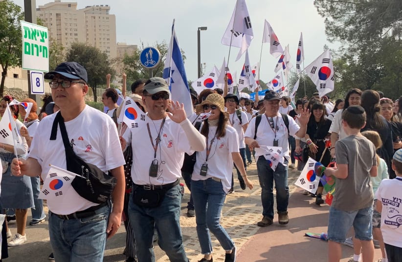 A South Korean delegation at the Feast of Tabernacles (photo credit: MAAYAN JAFFE-HOFFMAN)