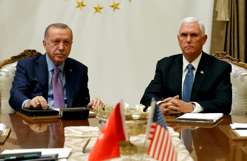 U.S. Vice President Mike Pence meets with Turkish President Tayyip Erdogan at the Presidential Palace in Ankara, Turkey, October 17, 2019 (photo credit: REUTERS/HUSEYIN ALDEMIR/FILE PHOTO)