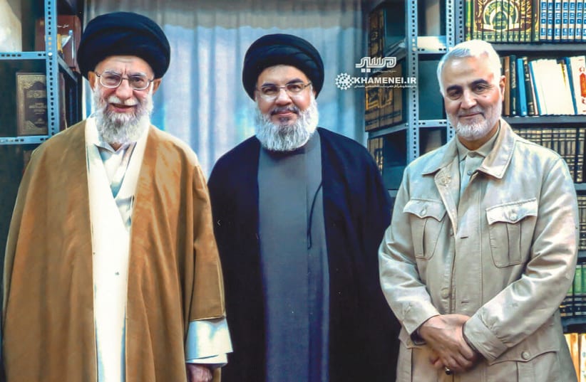 Iran Supreme Leader Ayatollah Ali Khamenei with Hezbollah Secretary General Hassan Nasrallah and IRGC Quds Force Commander Qasem Soleimani (photo credit: KHAMENEI.IR)