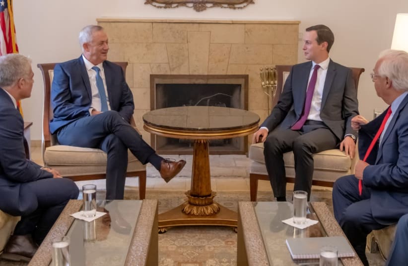 Blue and White chairman Benny Gantz meets with Senior Advisor to the President of the United States, Jared Kushner, accompanied by Blue and White no.2, Yair Lapid, and US Ambassador to Israel David Friedman, October 28 2019 (photo credit: JERIES MANSOUR/U.S. EMBASSY JERUSALEM)