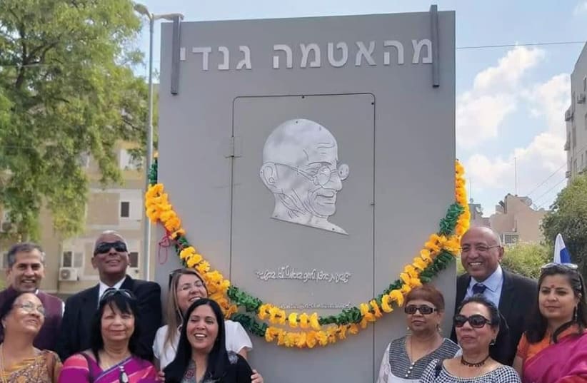 Mahatma Gandhi Circle was inaugurated at a prominent junction in the southern city of Kiryat Gat on September 16 by Mayor Aviram Dahari and Indian Ambassador Pavan Kapoor, to mark the 150th anniversary of Gandhi’s birth (photo credit: EMBASSY OF INDIA)