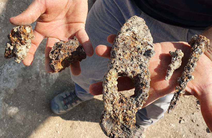 1400-years-old hammer and nails found found in Usha (photo credit: YAIR AMITZOR/ THE ANTIQUITIES AUTHORITY (IAA))